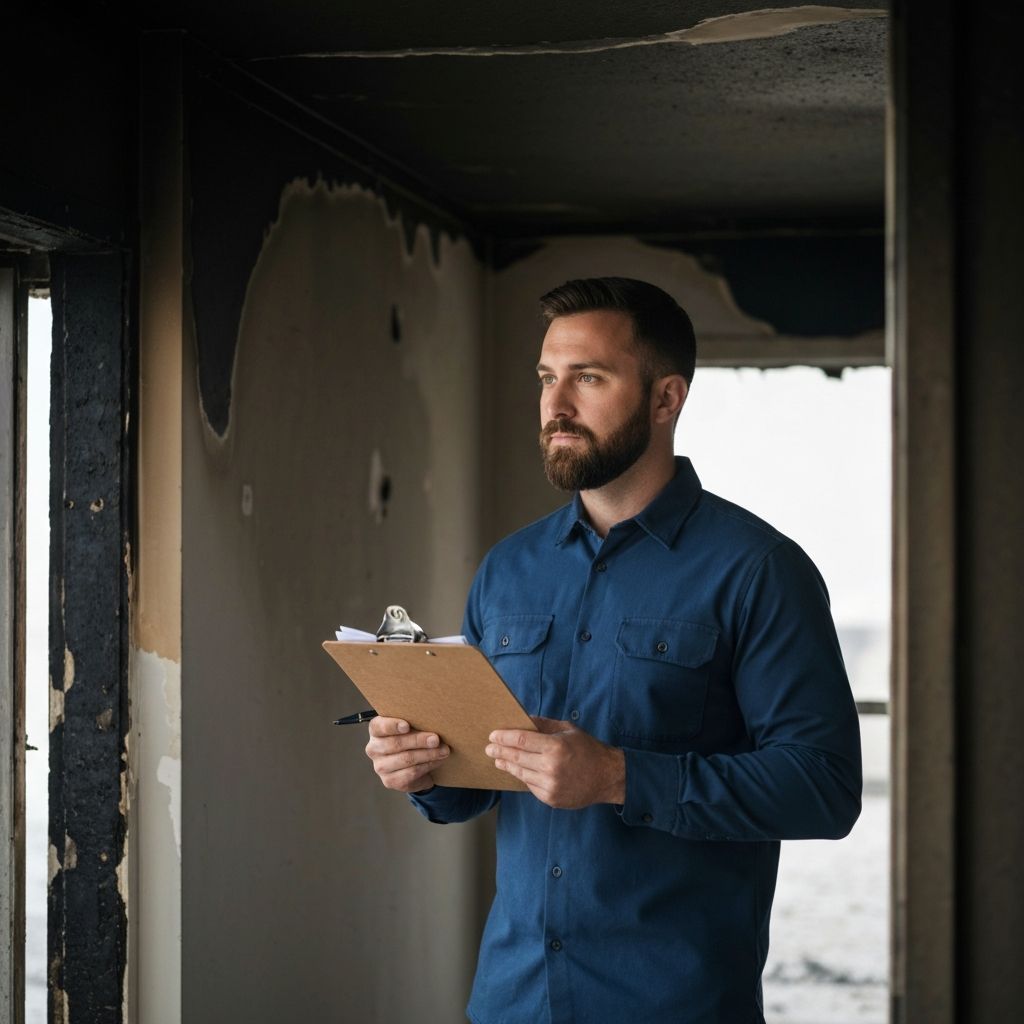 Professional inspector assessing fire damage in a home