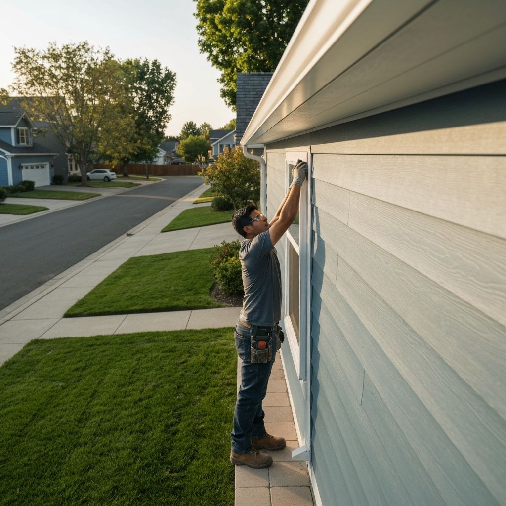 Professional installing gutters on residential home